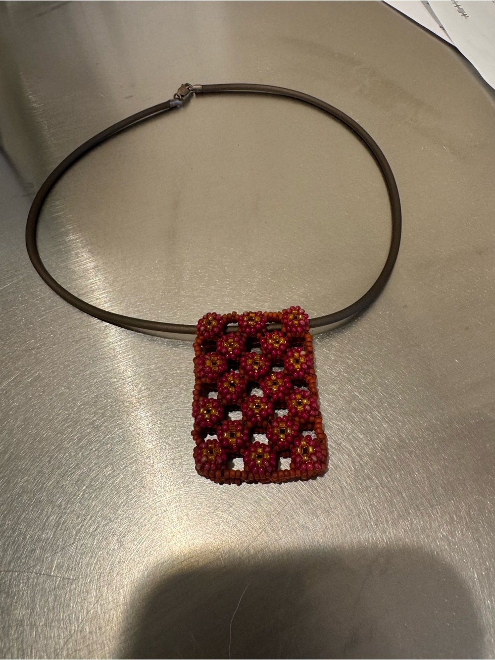 Red Beaded Floral Pendant Necklace